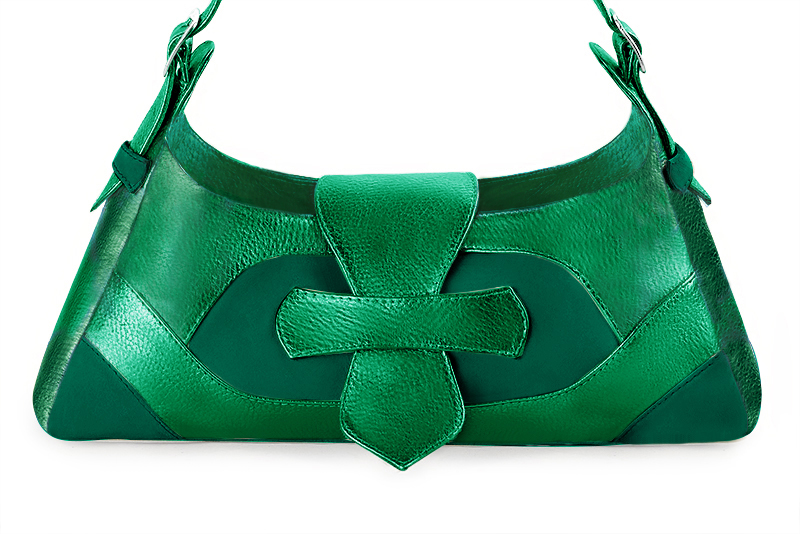 Emerald green women's dress handbag, matching pumps and belts. Profile view - Florence KOOIJMAN